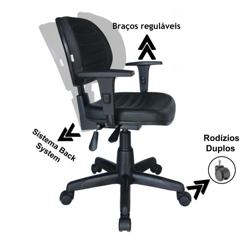 Cadeira Executiva Back System COSTURADA com Braços Reguláveis – Cor Preta – 31008 Araguaia Móveis para Escritório 4