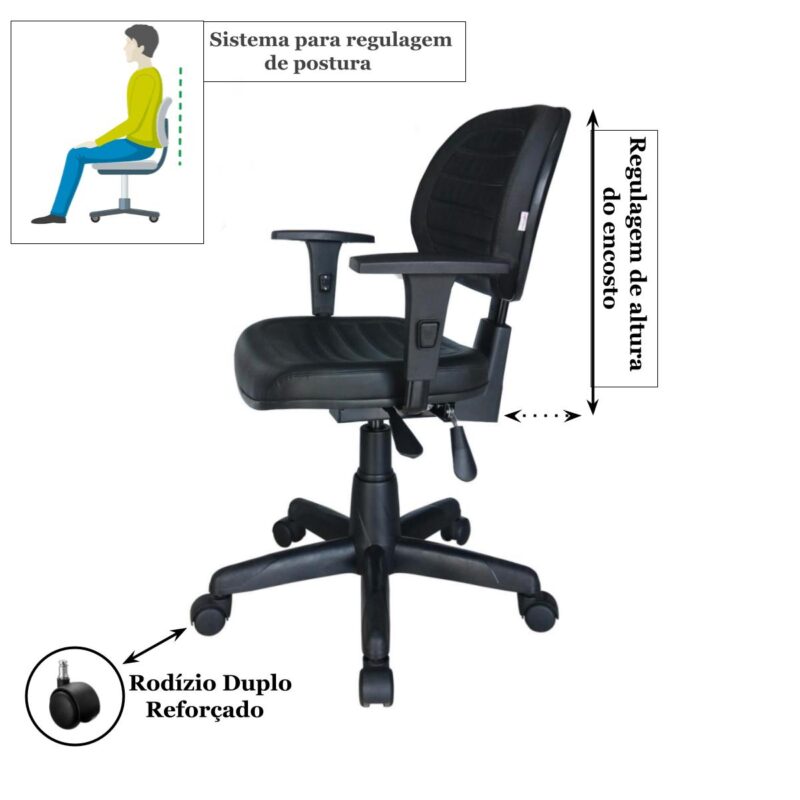 Cadeira Executiva Back System COSTURADA com Braços Reguláveis – Cor Preta – 31008 Araguaia Móveis para Escritório 3