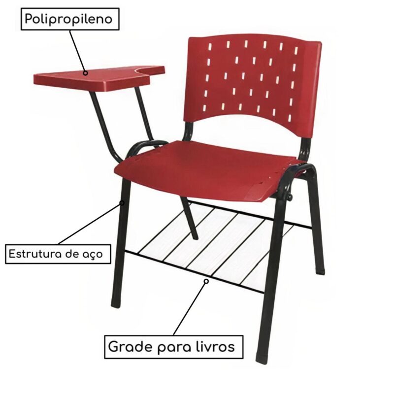 Cadeira Universitária PRANCHETA PLÁSTICA com Porta Livros – Cor Vermelho 32020 Araguaia Móveis para Escritório 3