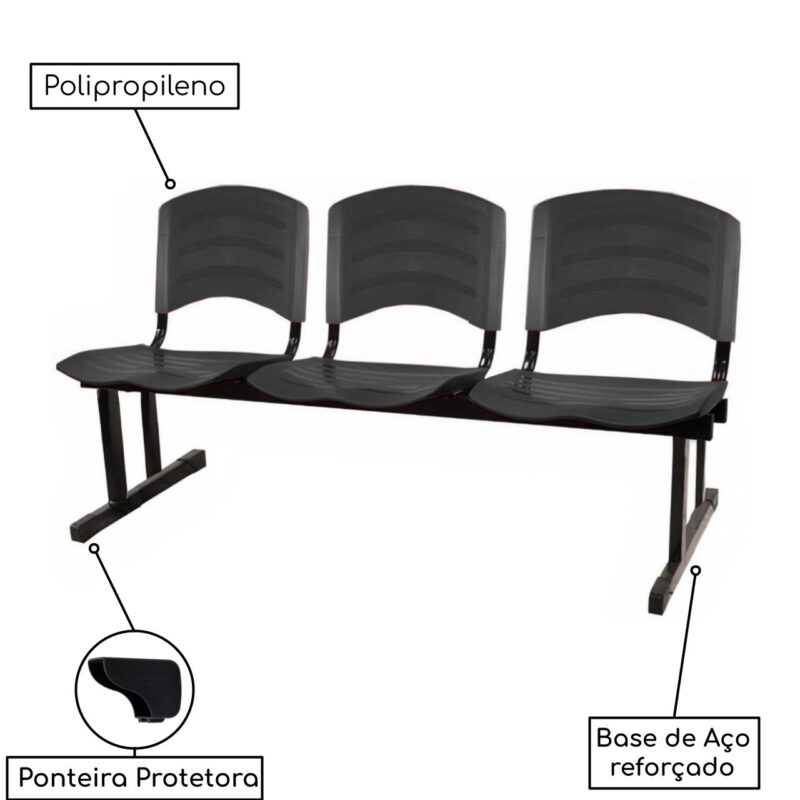 Kit 05 Cadeiras Longarinas PLÁSTICA 03 Lugares – Cor PRETO 33034 Araguaia Móveis para Escritório 4
