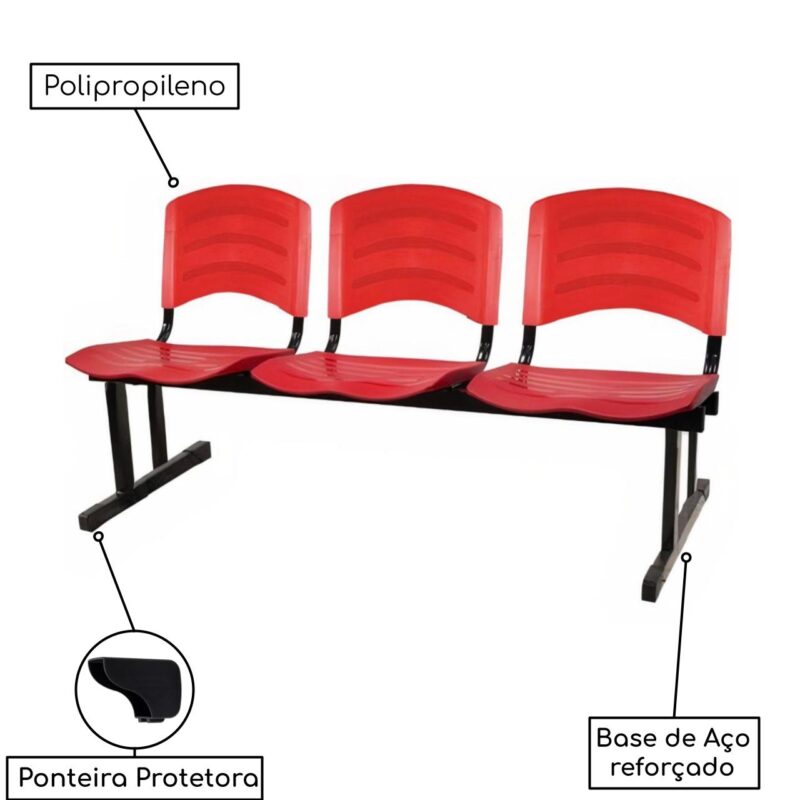 Kit 05 Cadeiras Longarinas PLÁSTICAS 03 Lugares – Cor Vermelho 33043 Araguaia Móveis para Escritório 4