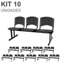 Kit 10 Cadeiras Longarinas PLÁSTICA 03 Lugares – Cor PRETO 33039 Araguaia Móveis para Escritório