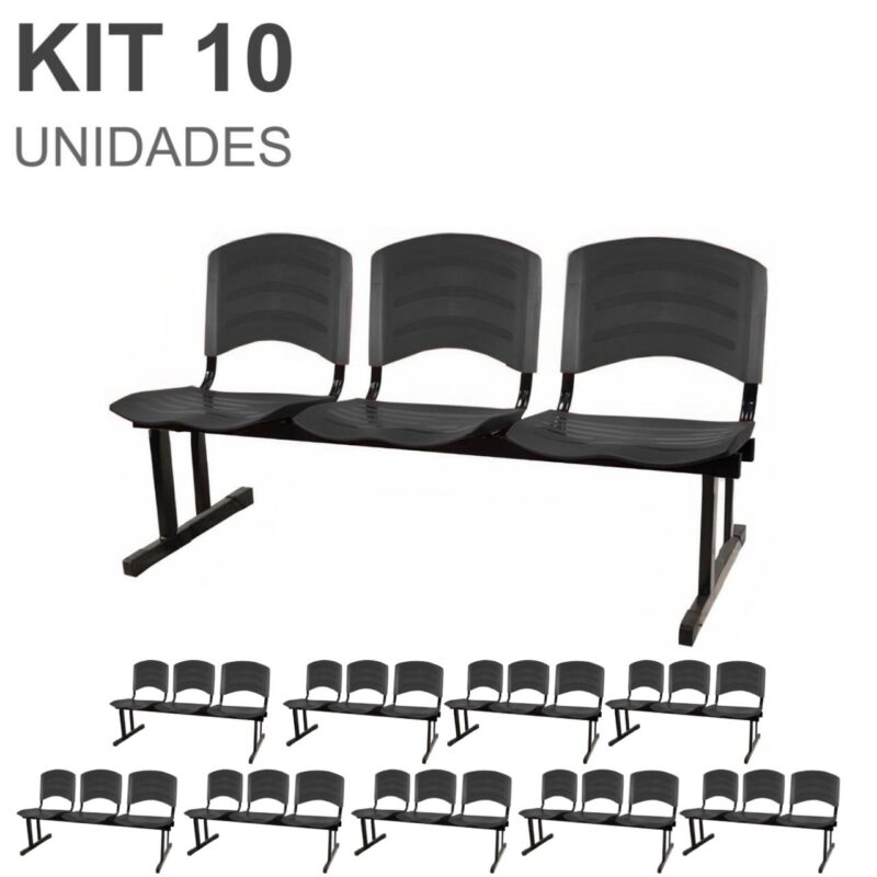Kit 10 Cadeiras Longarinas PLÁSTICA 03 Lugares – Cor PRETO 33039 Araguaia Móveis para Escritório 2
