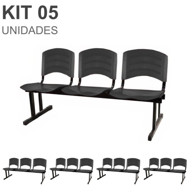 Kit 05 Cadeiras Longarinas PLÁSTICA 03 Lugares – Cor PRETO 33034 Araguaia Móveis para Escritório 2