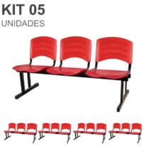 Kit 05 Cadeiras Longarinas PLÁSTICAS 03 Lugares – Cor Vermelho 33043 Araguaia Móveis para Escritório
