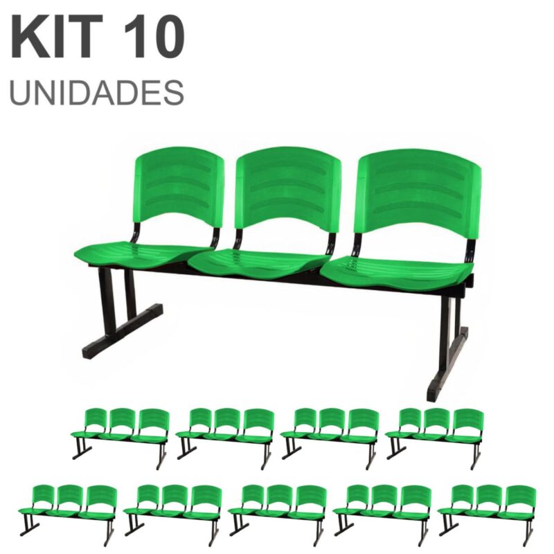 Kit 10 Cadeiras Longarinas PLÁSTICAS 03 Lugares – Cor Verde 33066 Araguaia Móveis para Escritório 2