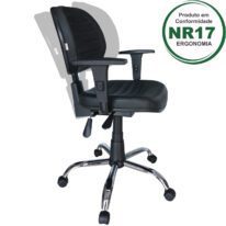 Cadeira Executiva Back System COSTURADA – ARANHA CROMADA – Braços Reguláveis – Cor Preta 31011 Araguaia Móveis para Escritório
