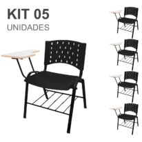 KIT 05 Cadeiras Universitárias com Prancheta MDF e Porta Livros – Cor Preto – REAPLAST – 33013 Araguaia Móveis para Escritório