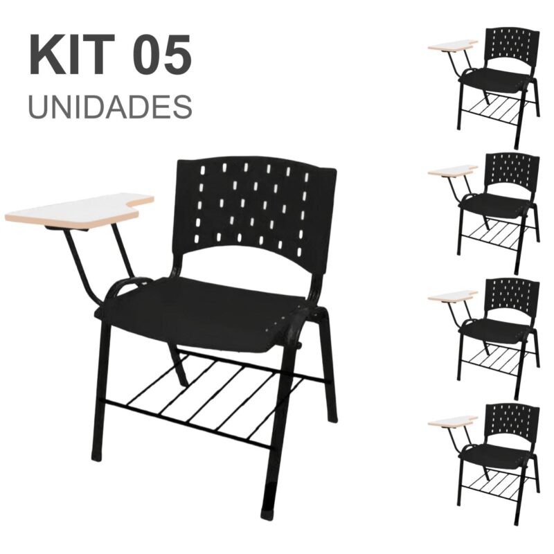 KIT 05 Cadeiras Universitárias com Prancheta MDF e Porta Livros – Cor Preto – REAPLAST – 33013 Araguaia Móveis para Escritório 2