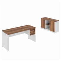 Kit Mesa Escritório 1,70×0,60m c/ Gavetas + Armário Baixo Credenza – WORKSTART – NOGAL SEVILHA/BRANCO – 34335 Araguaia Móveis para Escritório