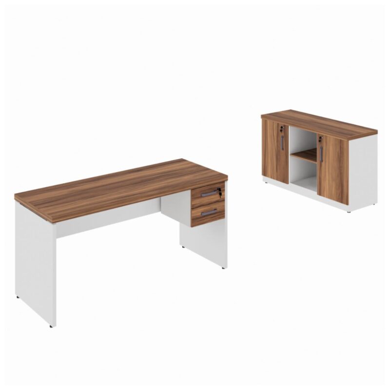 Kit Mesa Escritório 1,70×0,60m c/ Gavetas + Armário Baixo Credenza – WORKSTART – NOGAL SEVILHA/BRANCO – 34335 Araguaia Móveis para Escritório 2