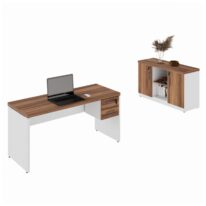 Kit Mesa Escritório 1,50×0,60m c/ Gavetas + Armário Baixo Credenza – WORKSTART – NOGAL SEVILHA/BRANCO – 34334 Araguaia Móveis para Escritório