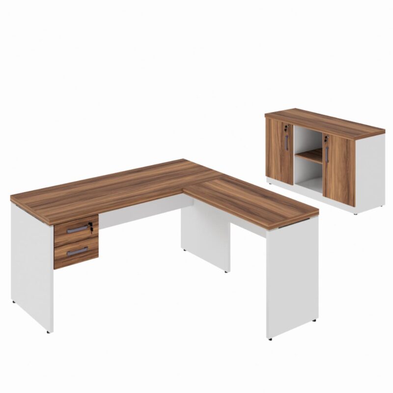 Kit Mesa Escritório em “L” 1,50×0,60m c/ Gavetas + Armário Baixo Credenza – WORKSTART – NOGAL SEVILHA/BRANCO – 34337 Araguaia Móveis para Escritório 2