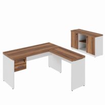 Kit Mesa Escritório em “L” 1,20×0,60m c/ Gavetas + Armário Baixo Credenza – WORKSTART – NOGAL SEVILHA/BRANCO – 34336 Araguaia Móveis para Escritório