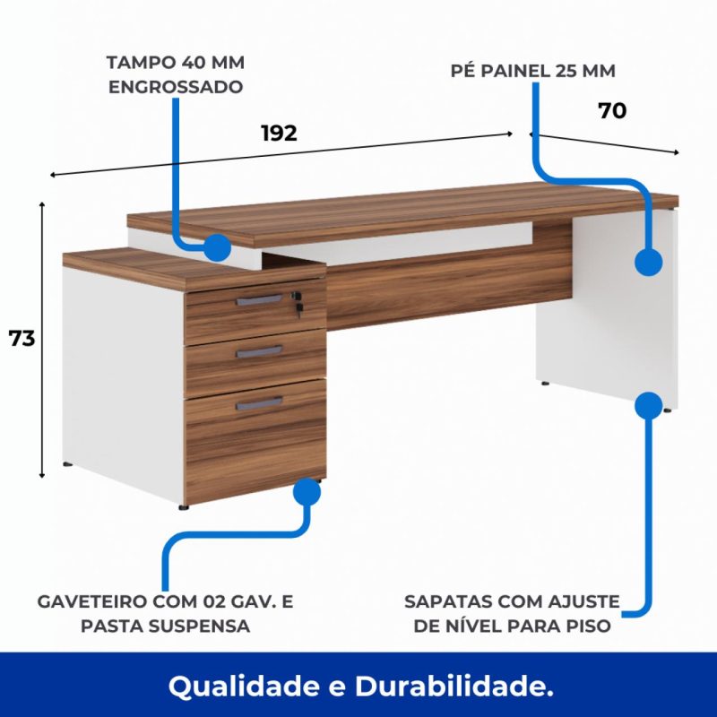 Mesa PEDESTAL RETA (03 Gav.) – 1,92X0,70m – WORKSTART – NOGAL SEVILHA/BRANCO- 34405 Araguaia Móveis para Escritório 6