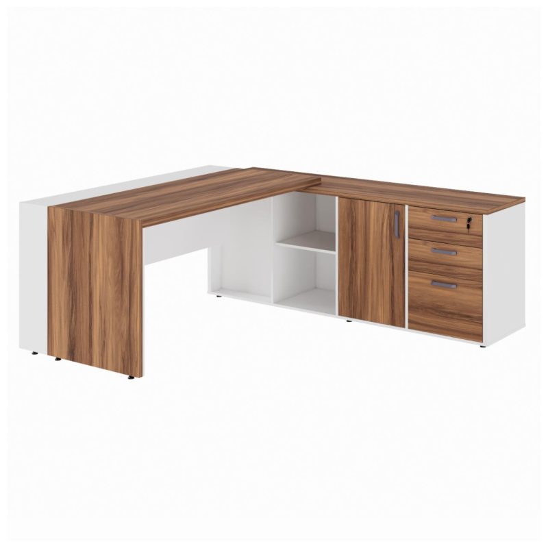 Mesa Escritório PRESIDENTE c/ Armário Pedestal – 1,82×1,80m – NOGAL SEVILHA/BRANCO – 34602 Araguaia Móveis para Escritório 3