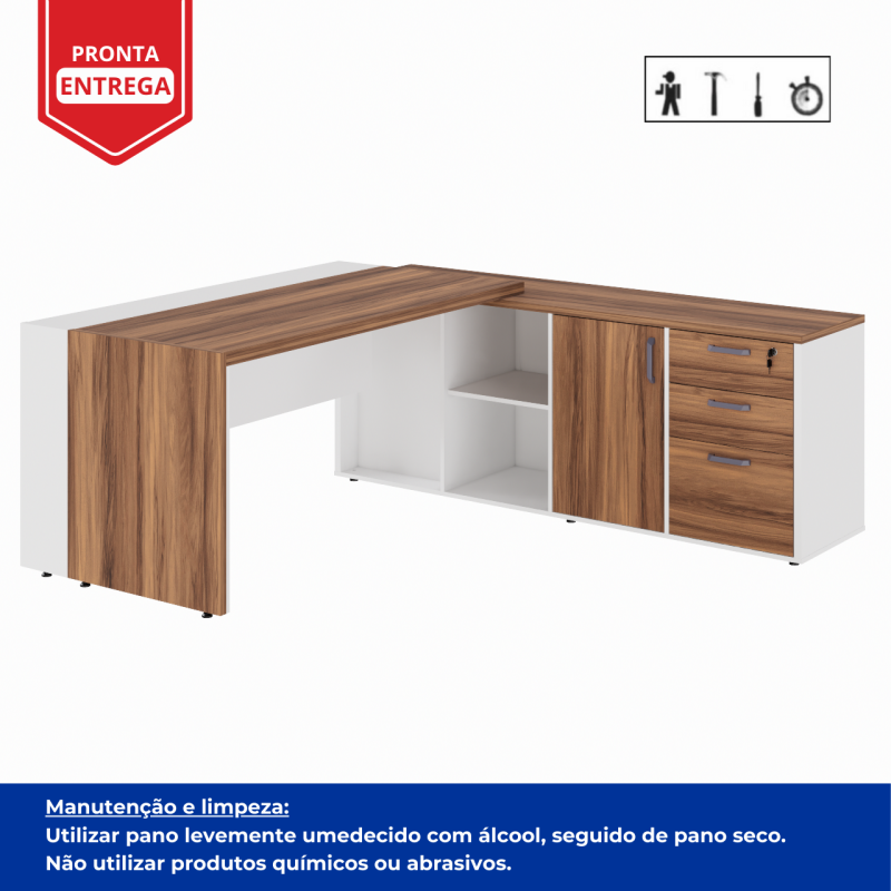 Mesa Escritório PRESIDENTE c/ Armário Pedestal – 1,82×1,80m – NOGAL SEVILHA/BRANCO – 34602 Araguaia Móveis para Escritório 4