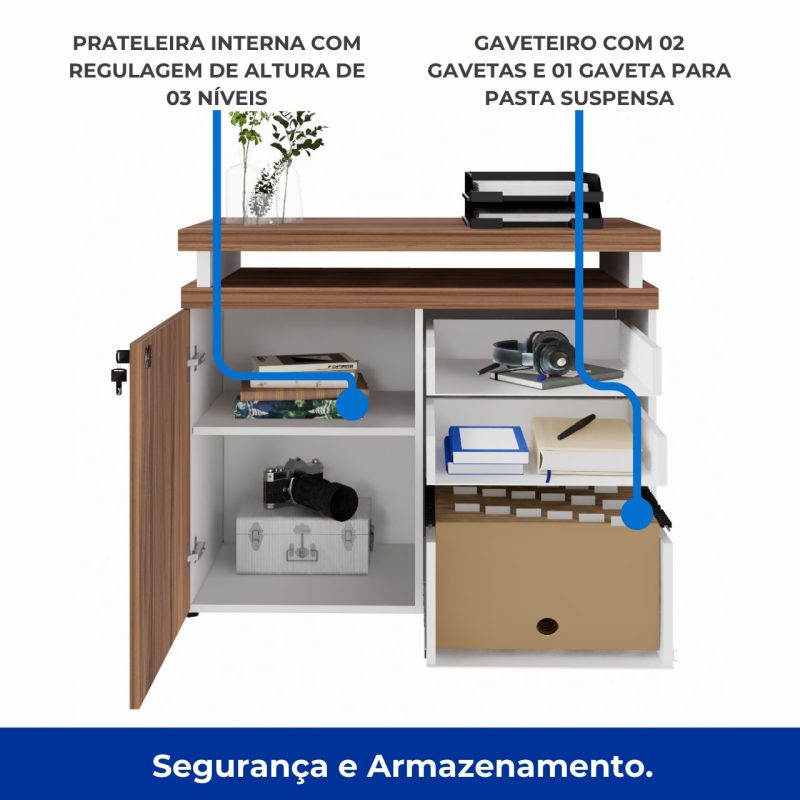 Armário Baixo 03 Gavetas e Porta (MISTO) – NOGAL SEVILHA/BRANCO – 34422 Araguaia Móveis para Escritório 3
