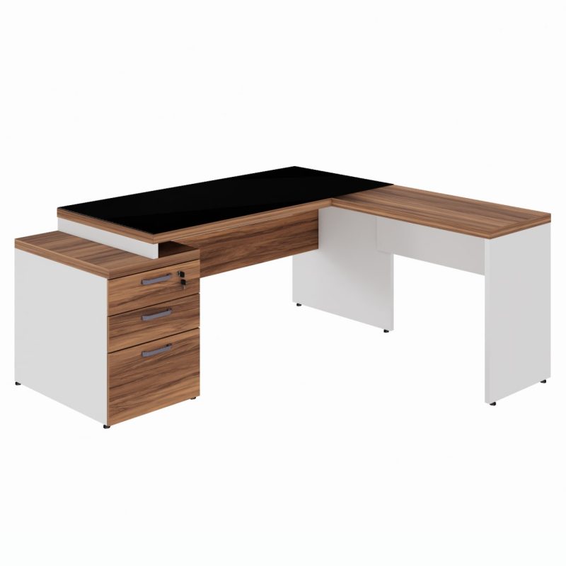 Mesa para Escritório em “L” com VIDRO FUMÊ – 1,92X1,60M NOGAL SEVILHA/BRANCO – 34432 Araguaia Móveis para Escritório 2