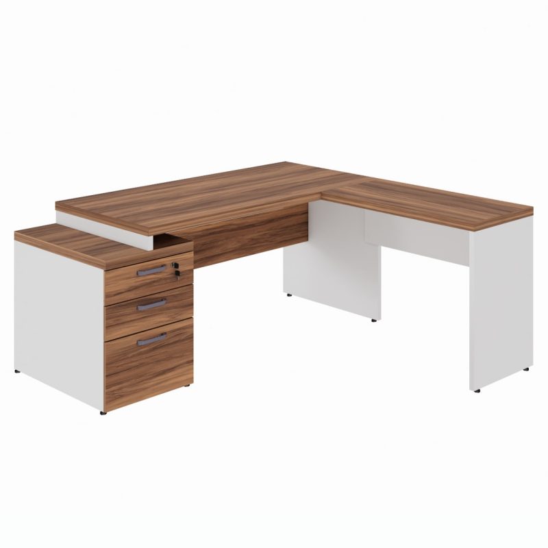 Mesa para Escritório em “L” com Gavetão – 1,92X1,60m -NOGAL SEVILHA/BRANCO – 34431 Araguaia Móveis para Escritório 2