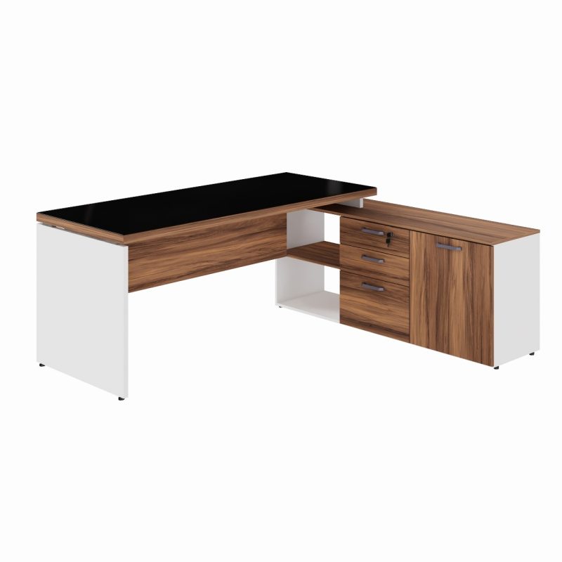 Mesa Diretorzinha c/ Aparador e Vidro Fumê – Pé de MADEIRA – 1,90×1,50m – NOGAL SEVILHA / BRANCO – 34429 Araguaia Móveis para Escritório 2